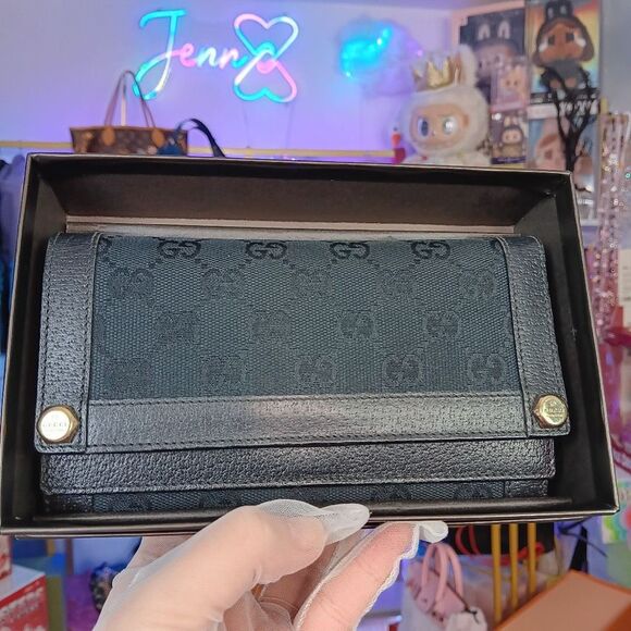 Gucci Vintage Black Monogram Canvas Leather Double Flap Snap Wallet W Box - Picture 1 of 15